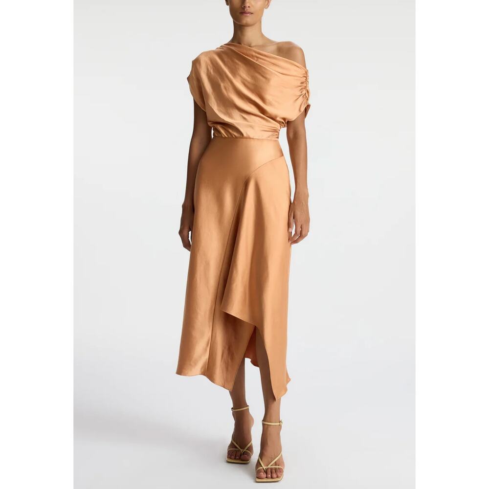 A.L.C. Jasmine Asymmetric Draped Satin Midi Dress Sandstone Light Brown Size 8